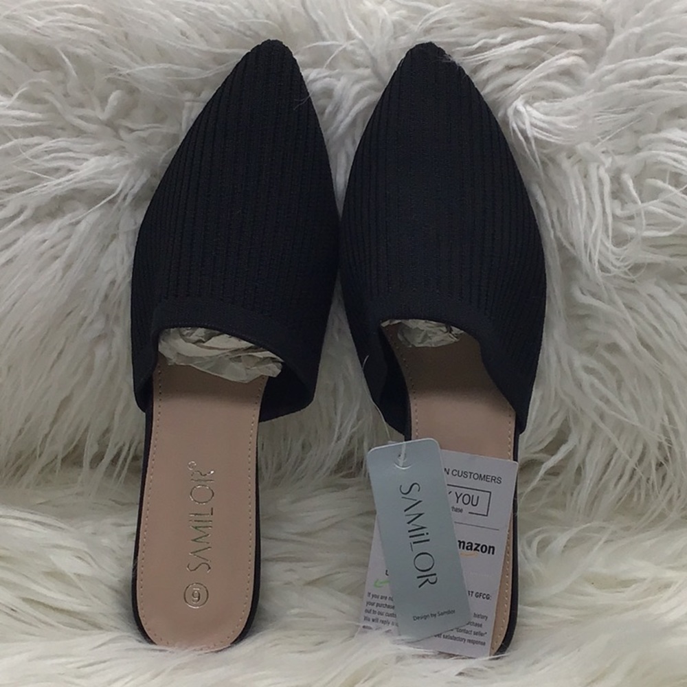 Black Knit Weave Pointed Slide-On Flat Sandal
